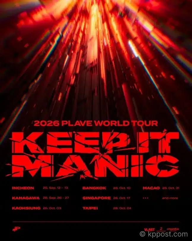 플레이브가 2026년 9월 인천을 시작으로 첫 월드투어 ‘KEEP IT MANIC’을 개최한다. 카나가와, 가오슝, 방콕, 싱가포르, 타이베이, 마카오 일정과 ‘Caligo Pt.2’ 성과, 공연 실황 영화까지 정리한다.