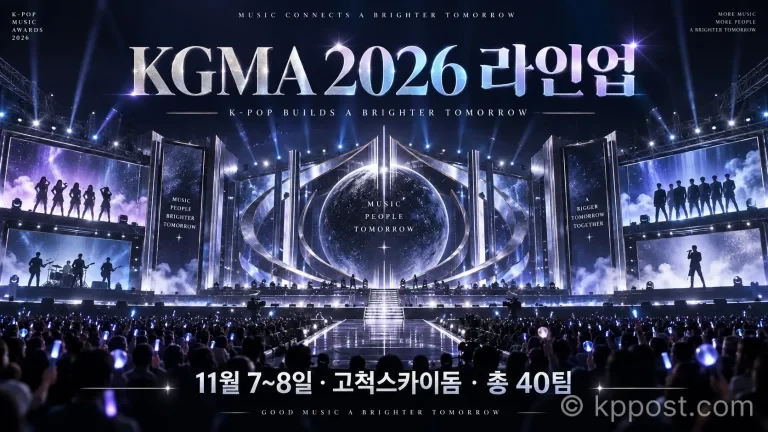 KGMA 2026 라인업이 공개됐다. 영케이, 셔누X형원, 라이즈, 에이티즈 등 총 40팀이 고척스카이돔 무대에 오른다.(사진=생성형AI)
