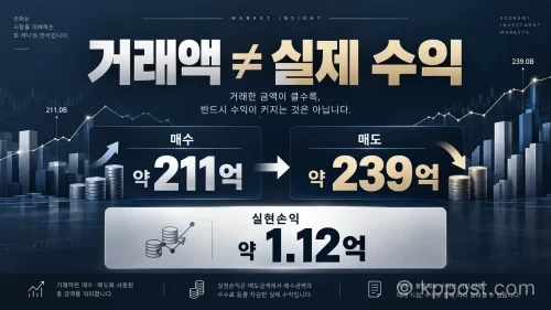 김수용이 공개한 계좌에는 누적 매도액 약 239억 원이 표시됐지만, 해당 기간 실현손익은 약 1억1200만 원이었다. (사진=생성형AI)
