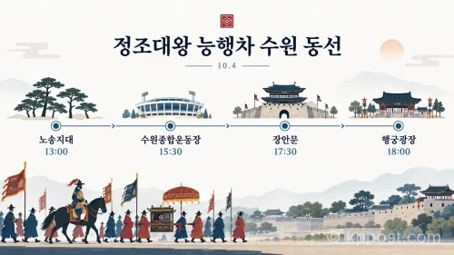 정조대왕 능행차 수원 구간은 노송지대에서 출발해 수원종합운동장과 장안문을 지나 행궁광장으로 이어진다. (사진=생성형AI)