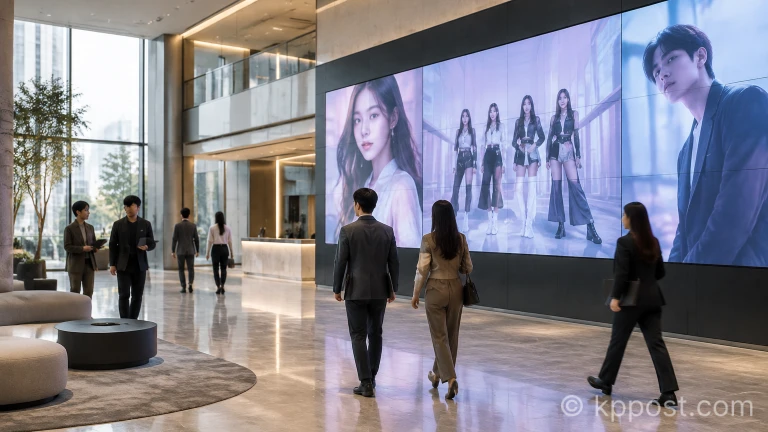 엔터테인먼트 사옥 내부의 대형 스크린과 복도 전경