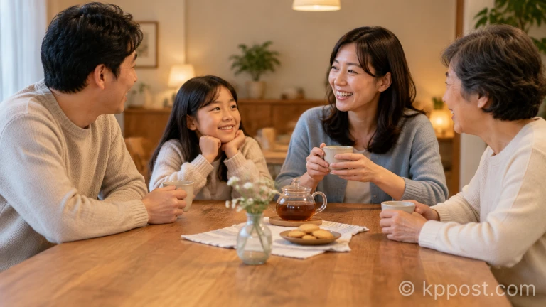 가족들이 식탁에 둘러앉아 따뜻한 차를 마시며 이야기를 나누는 손 모습