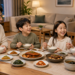 가정집 식탁 위에 정갈하게 차려진 북어조림과 장조림 한 상차림