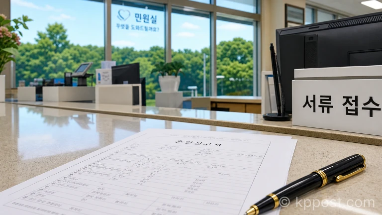 관공서 민원 접수대 위에 놓여 있는 혼인신고 서류와 서명용 펜