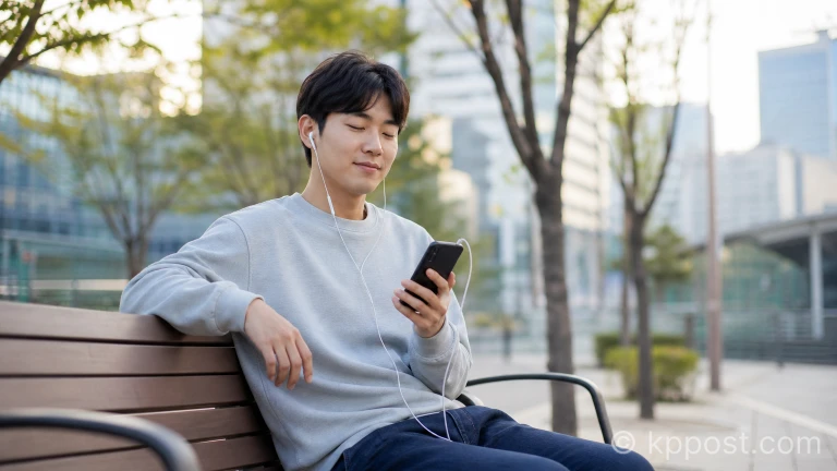 야외에서 스마트폰과 이어폰으로 음악을 감상하는 청취자의 모습