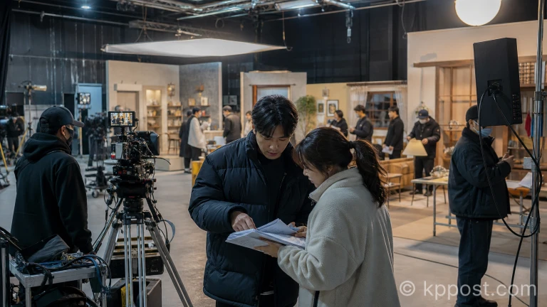 촬영 현장에서 대본을 확인하며 연기를 준비하는 드라마 제작진과 배우의 모습