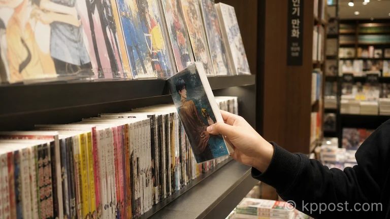 서점 만화 서가에서 단행본을 살펴보고 있는 방문객의 손