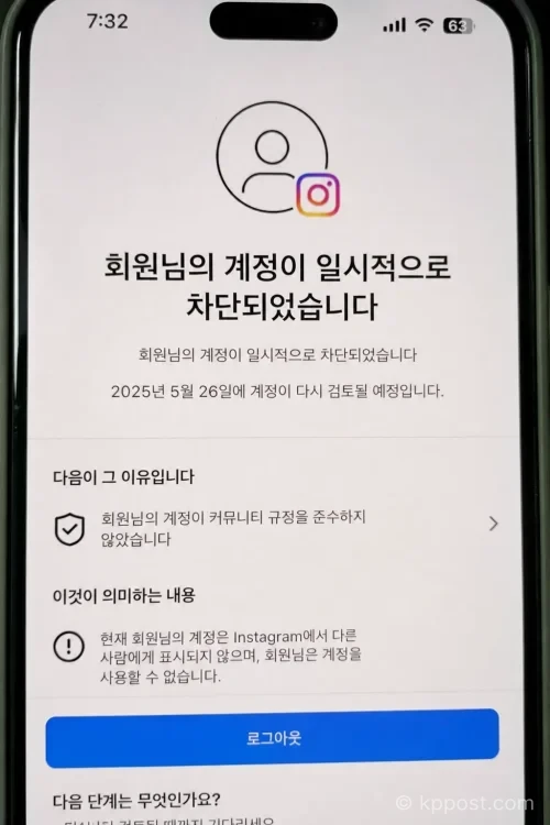 최준희의 23만 팔로워 인스타그램 계정 정지 안내 화면
