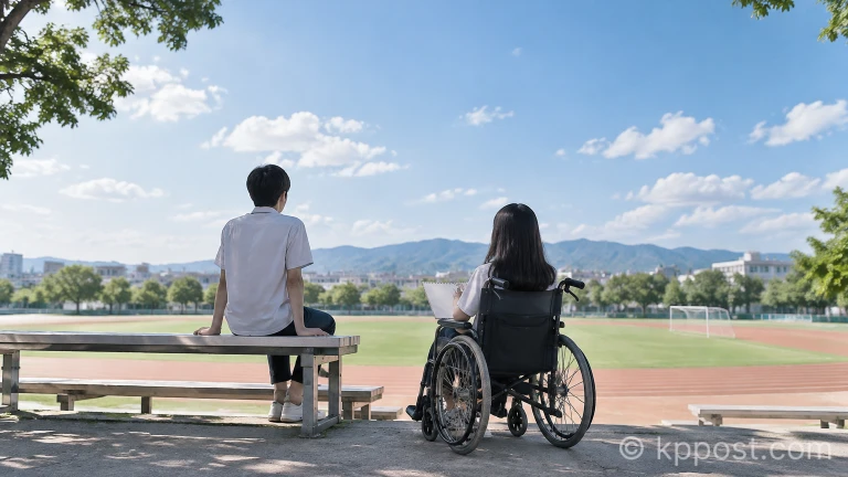 운동장 벤치에서 스케치북을 들고 대화를 나누는 두 학생의 뒷모습
