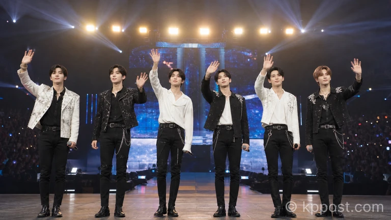 엔하이픈 멤버들이 화려한 조명이 비추는 콘서트 무대 위에서 팬들에게 인사하는 모습
