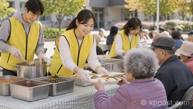 복지관 야외 식사 나눔 현장에서 어르신들에게 음식을 나누어주는 자원봉사자들의 모습