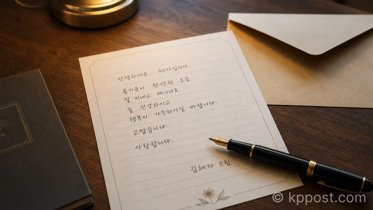 책상 위에 정갈한 한글 손글씨로 적힌 자필 편지와 만년필