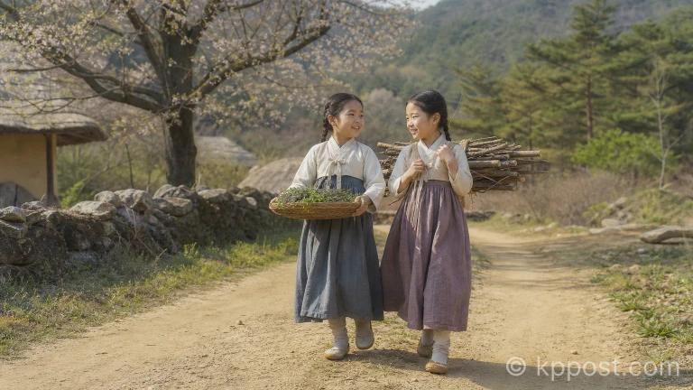 산골 오솔길을 나란히 걸으며 이야기를 나누는 두 단짝 소녀의 뒷모습