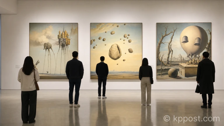 글로벌세아 소장품전 전시장에 걸린 폴 델보의 회화 원작들을 감상하는 관람객들의 모습