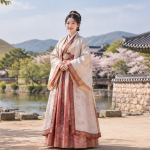 신라 시대 전통 한복을 착용하고 경주를 배경으로 서 있는 모습