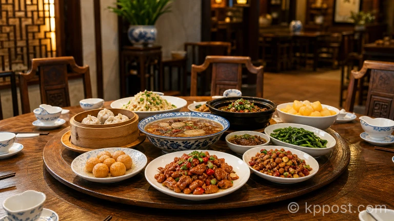 중국 현지 식당 테이블에 차려진 전통 음식들