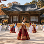 창덕궁 연경당 마당에서 궁중정재 복원 공연을 선보이는 무용수들