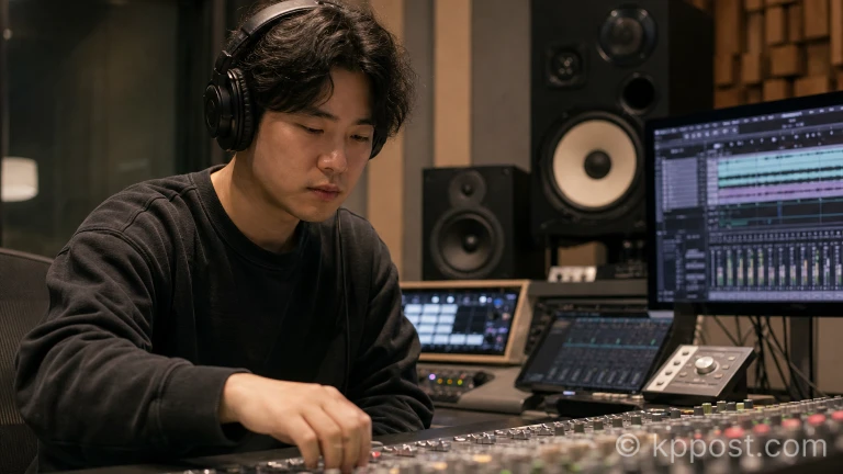 전문 레코딩 스튜디오 콘솔 앞에서 사운드 작업을 진행 중인 음악 프로듀서의 모습