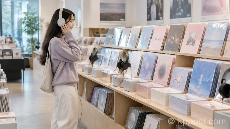 레코드 숍 음반 진열대에서 신보 음반을 살펴보고 청음하는 사람