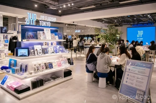 JYP 플래그십 스토어 내부에 진열된 한정 굿즈와 체험 공간