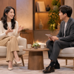 방송 스튜디오에서 의자에 앉아 편안한 분위기로 대담을 나누는 출연자의 모습