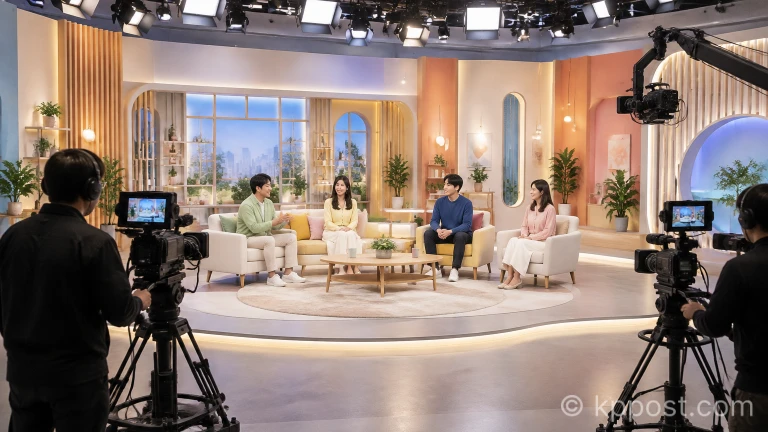 화려한 조명과 카메라 장비가 갖춰진 방송 예능 프로그램 스튜디오 녹화 현장