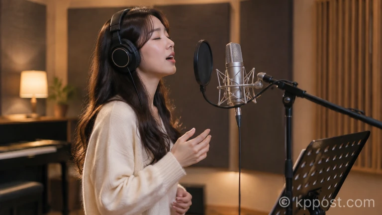 방음 스튜디오에서 마이크를 마주하고 녹음에 집중하는 가수의 모습