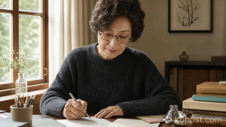 배우 김혜자가 자필 편지를 작성하는 모습