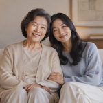 실내 테이블에 나란히 앉아 미소를 지으며 카메라를 바라보는 두 여성 배우의 모습