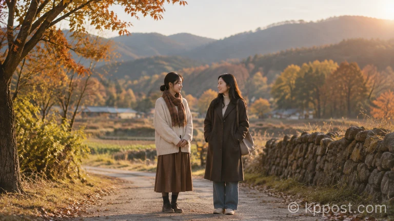 가을 들판과흙길 사이에서 나란히 서 있는 두 여성의 모습