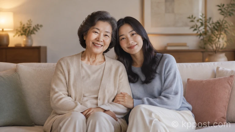 실내 테이블에 나란히 앉아 미소를 지으며 카메라를 바라보는 두 여성 배우의 모습