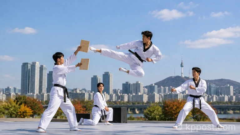 야외 무대에서 태권도 도복을 입은 시범단이 역동적인 격파 시범을 펼치는 모습