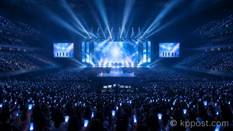 푸른 응원봉 불빛이 일렁이는 대형 콘서트 무대와 객석