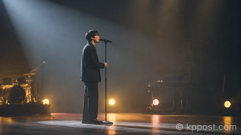 규현 미니앨범 컴백을 상징하는 무대 위 스탠드 마이크와 보컬리스트 실루엣