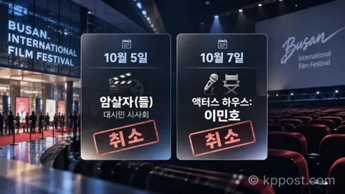 10월 5일 암살자들 부산 시사회와 10월 7일 이민호 액터스 하우스 취소 일정을 비교한 인포그래픽