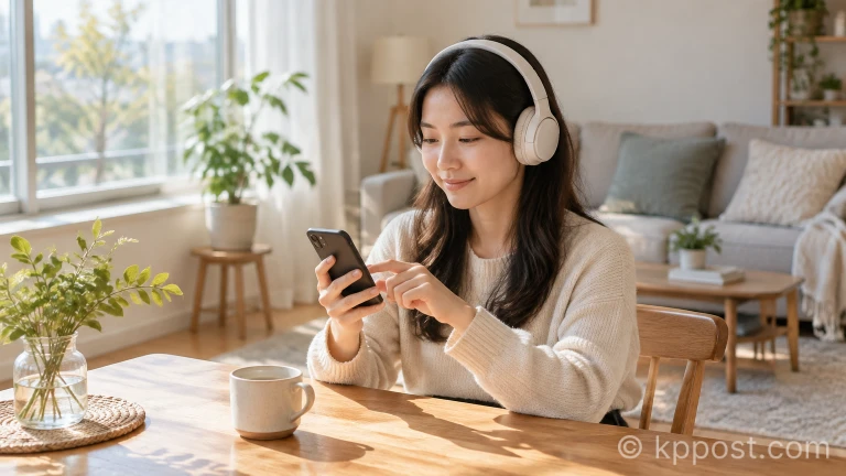 스마트폰 음악 앱 플레이리스트를 넘기며 노래를 감상하는 모습