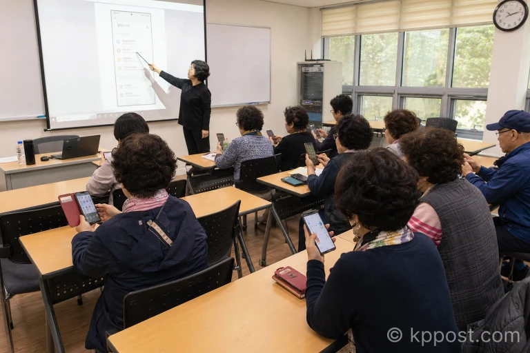 부산영웅시대 스터디하우스에서 팬들이 함께 모여 스마트폰 앱 사용법을 배우고 있다.
