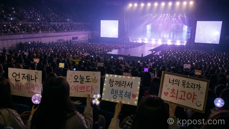 콘서트 관람석에서 팬들이 응원 피켓을 들고 있는 현장 풍경