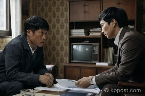 영화 '암살자들'의 한 장면. 배우 유해진과 박해일이 심각한 표정으로 마주 보고 있다.