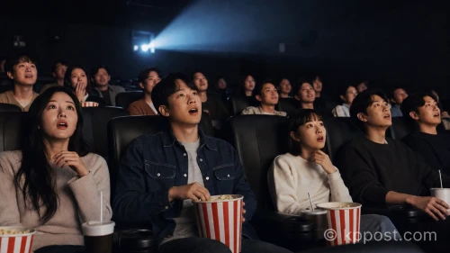 영화관 좌석에 앉아 스크린의 '스트리트 파이터'를 관람하는 관객들의 뒷모습