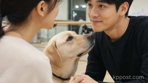 뮤지컬 연습 중인 배우 도지우와 안내견 역의 배우 손범우가 손을 잡고 교감하고 있다.