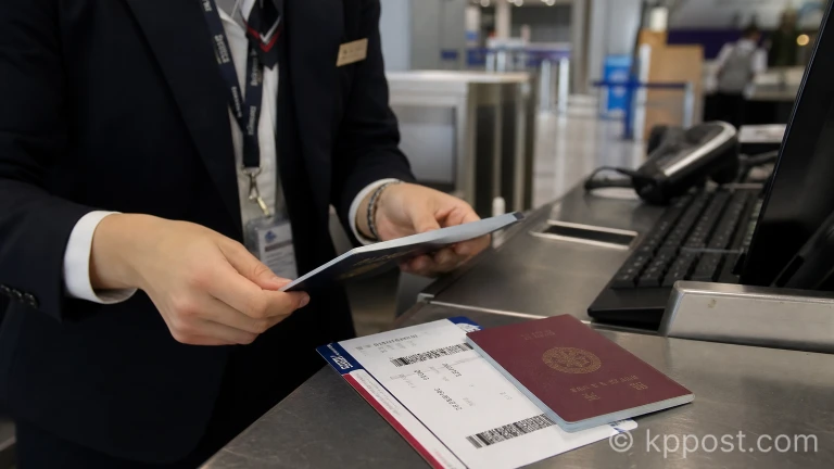 공항 체크인 카운터에 놓인 항공 탑승권과 여권 서류