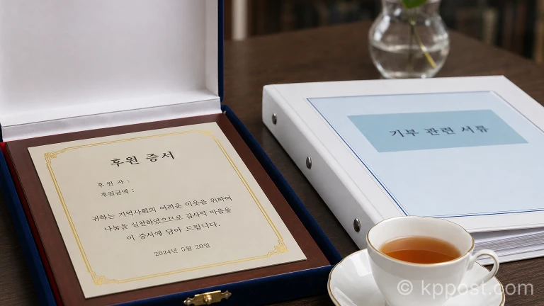 기부 협약식 테이블 위에 놓인 후원 증서 케이스와 서류철의 모습