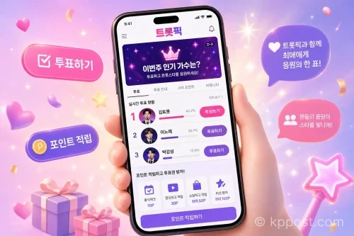 트롯픽 앱에서 포인트를 모으고 투표에 참여하는 방법을 보여주는 그래픽