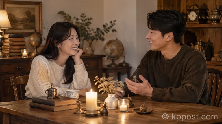 따뜻한 조명이 켜진 실내 테이블에서 대화를 나누는 두 멤버의 모습