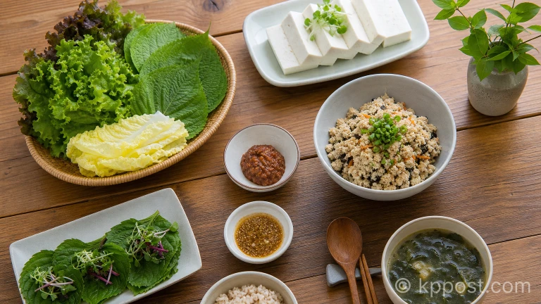 신선한 쌈 채소와 콩류 위주로 차려진 식이섬유 풍부한 건강 식단 상차림