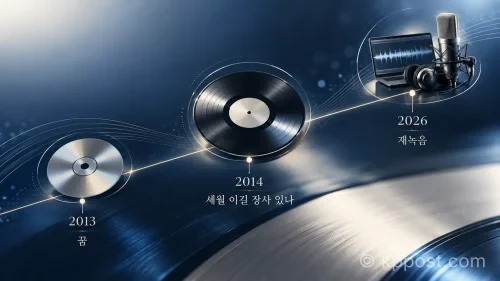 2013년 데뷔곡 ‘내 꿈을 향해서’, 2014년 정규앨범 ‘세월 이길 장사 있나’, 2026년 재녹음은 박서진의 활동 초기와 현재를 하나의 시간축으로 연결한다. (사진=생성형AI)