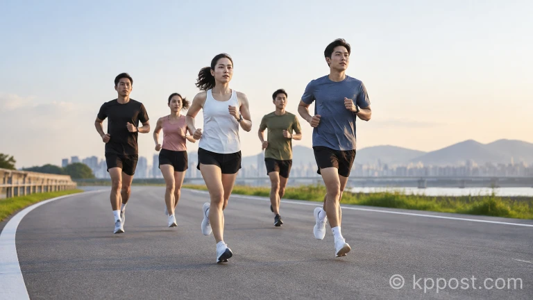 마라톤 코스 아스팔트 주로를 따라 일정한 대열을 맞춰 달리고 있는 주자들의 발걸음