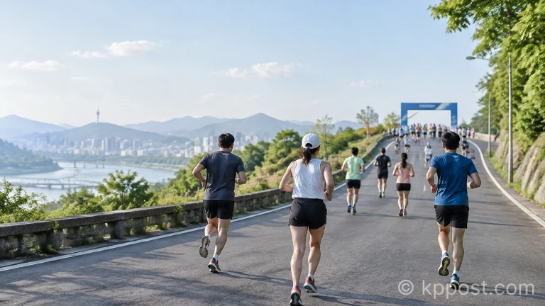 오르막길 경사로를 짧은 보폭으로 안정감 있게 오르고 있는 마라톤 주자들의 모습
