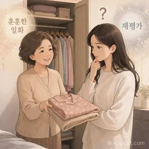 시어머니가 며느리에게 잠옷을 선물하는 상황에 대한 재평가 일러스트